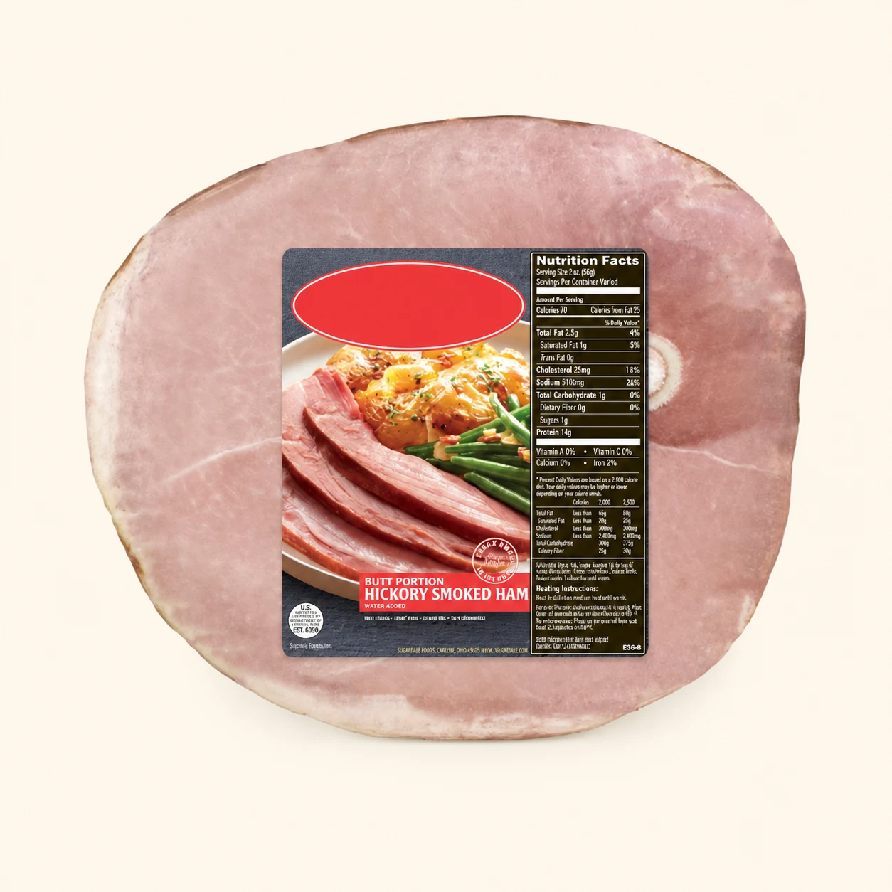 Packaged smoked ham with unbranded red label