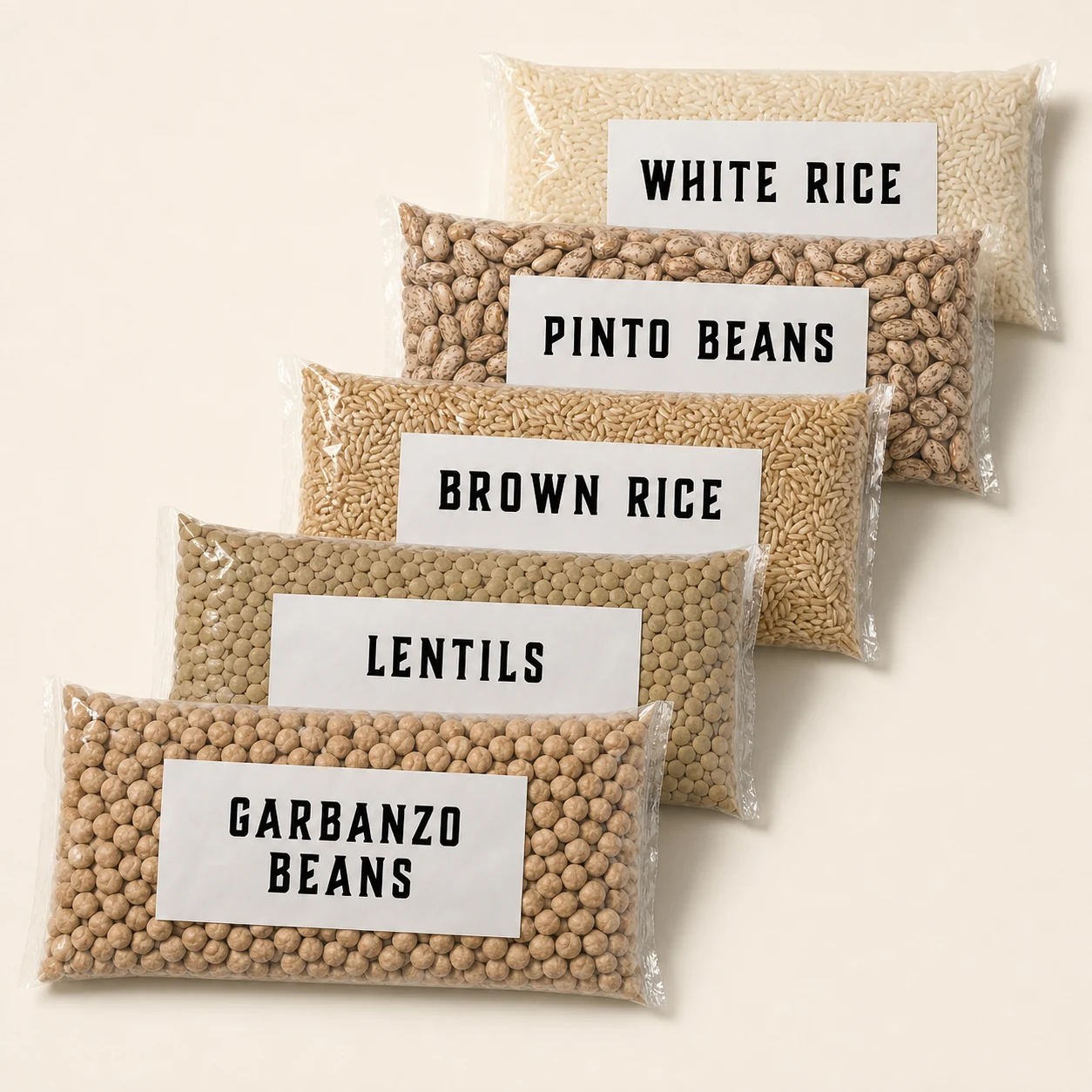 Overlapping bags of garbanzo beans, lentils, brown rice, pinto beans, and white rice
